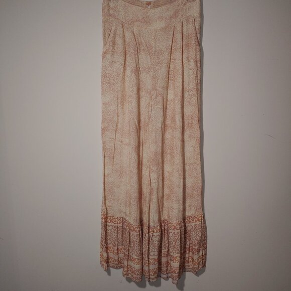 Free People Paisley Print Wide Leg Ruffled Palazzo Pull-On Pants Sz S Cream Tan - Picture 1 of 9
